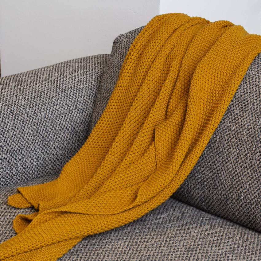 Cotton knitted plaid - 130 x 170 cm - Mustard yellow
