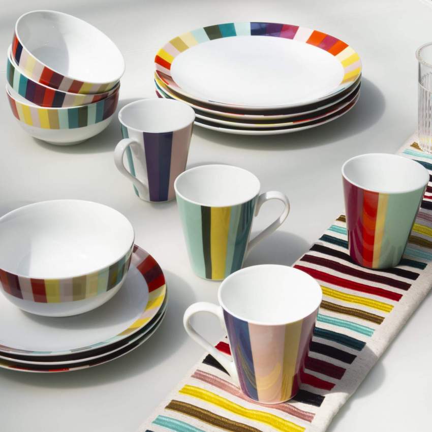 Chemin de table en coton - 40 x 200 cm - Blanc à rayures colorées
