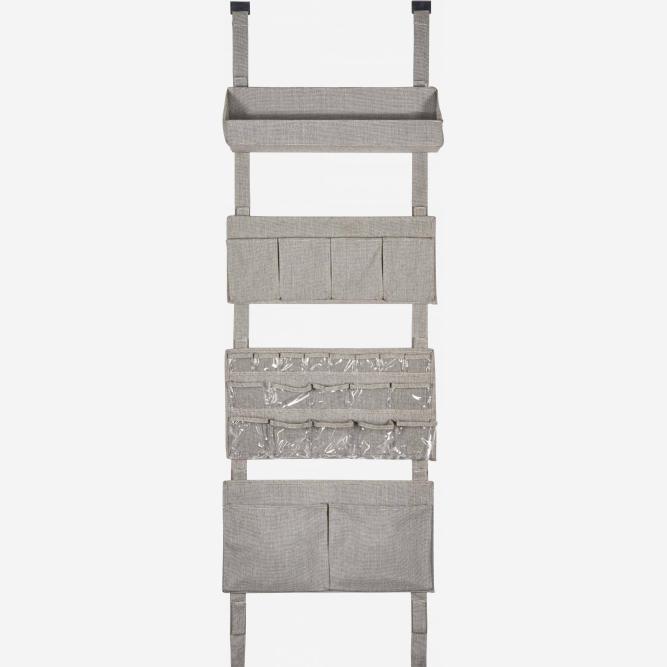 Wall modular storage with pockets, grey fabric and bamboo