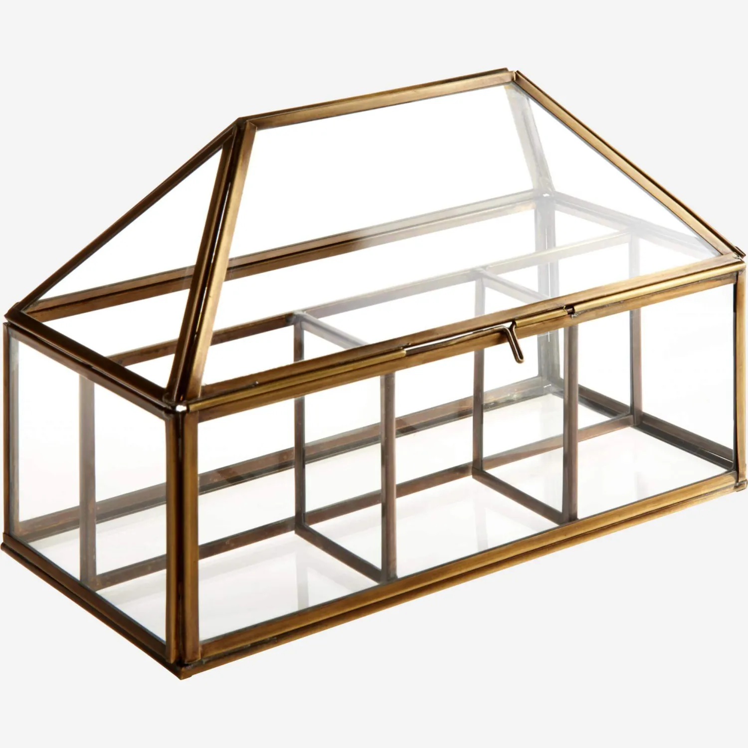 Boite en verre en forme de maison avec 4 compartiments - 13 x 26 cm – Transparent et doré