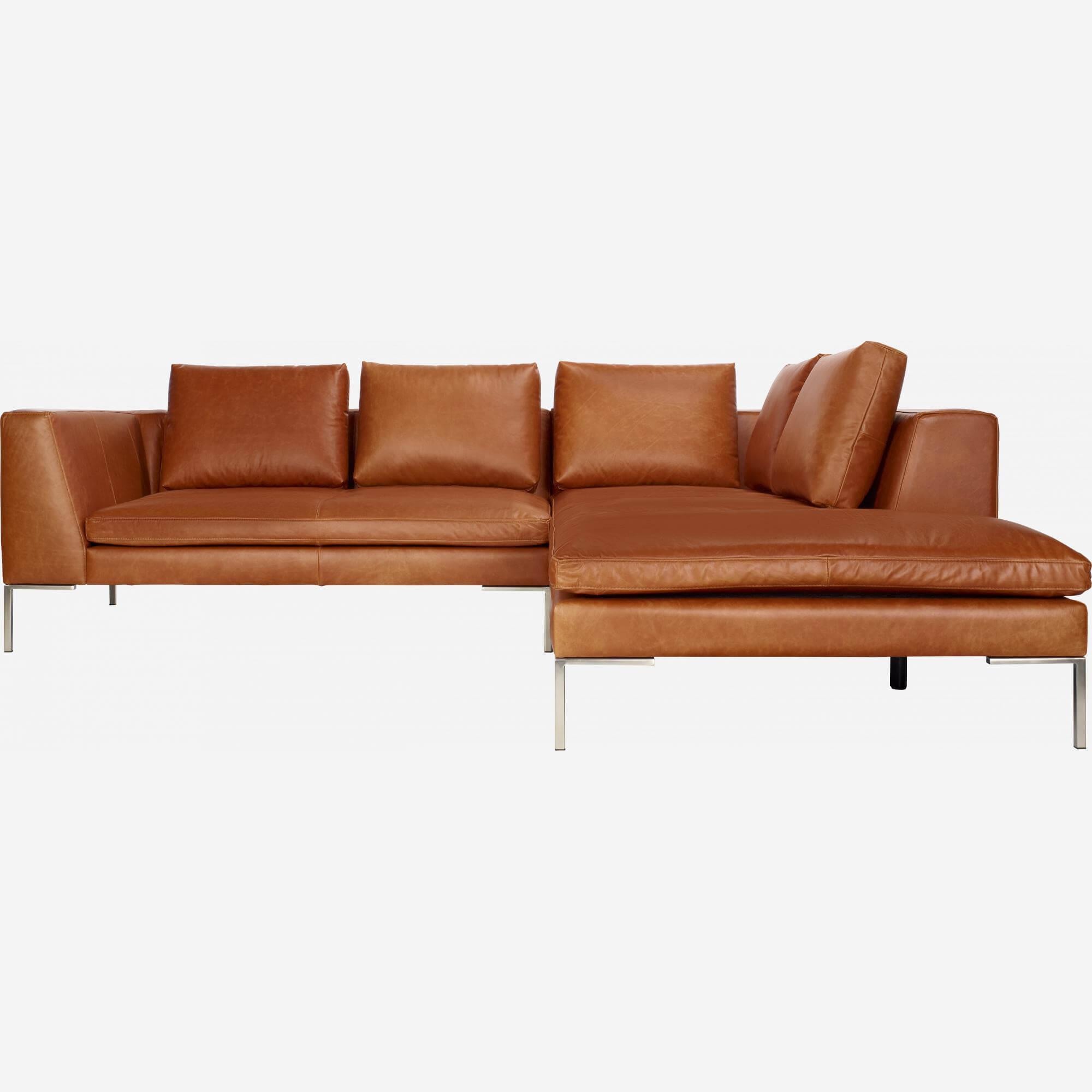 2-Sitzer-Sofa mit Chaiselongue rechts aus Vintage-Leder - Cognacbraun