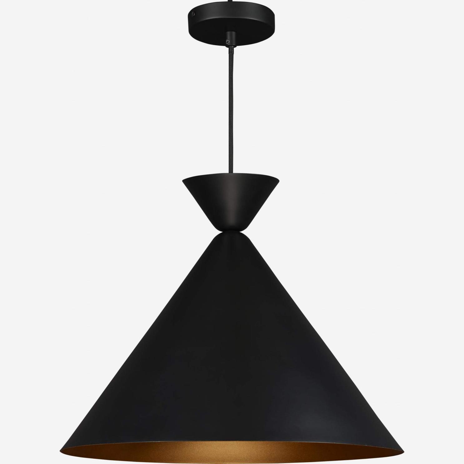 Conical pendant light 48cm, black metal and golden lacquered interior