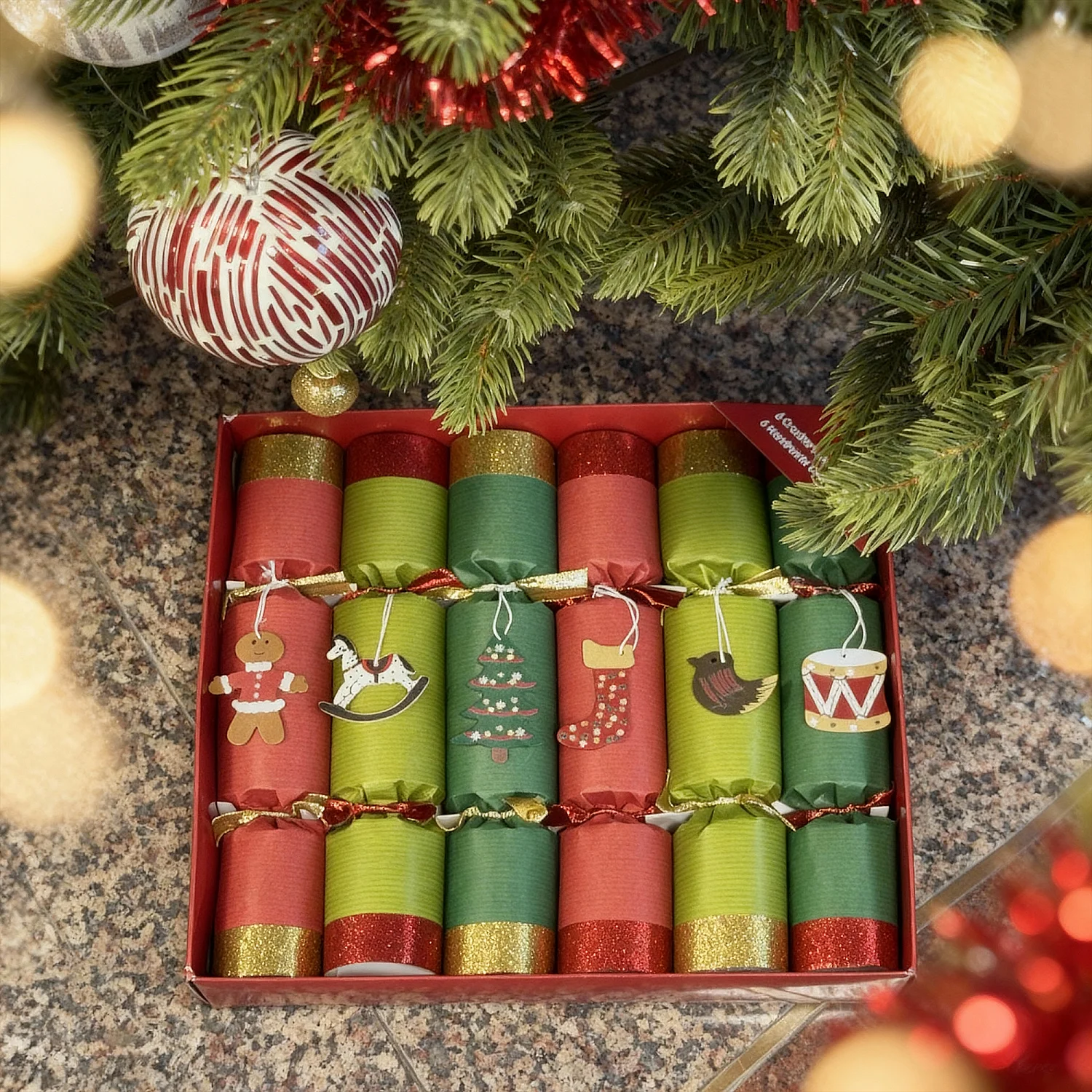 Décoration de Noël - Lot de 6 crackers traditionnels faits main - Rouge - 3