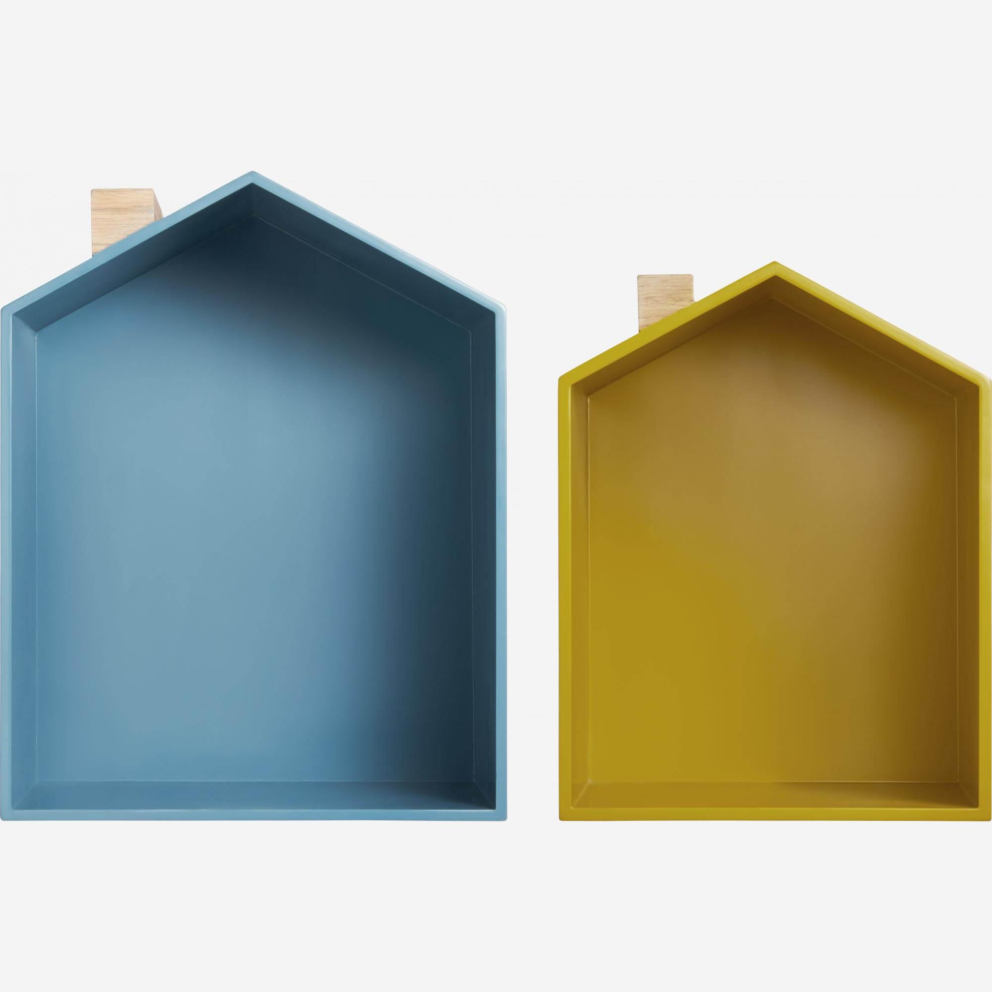 Lot de 2 étagères maisons chêne naturel, bleu-gris et jaune