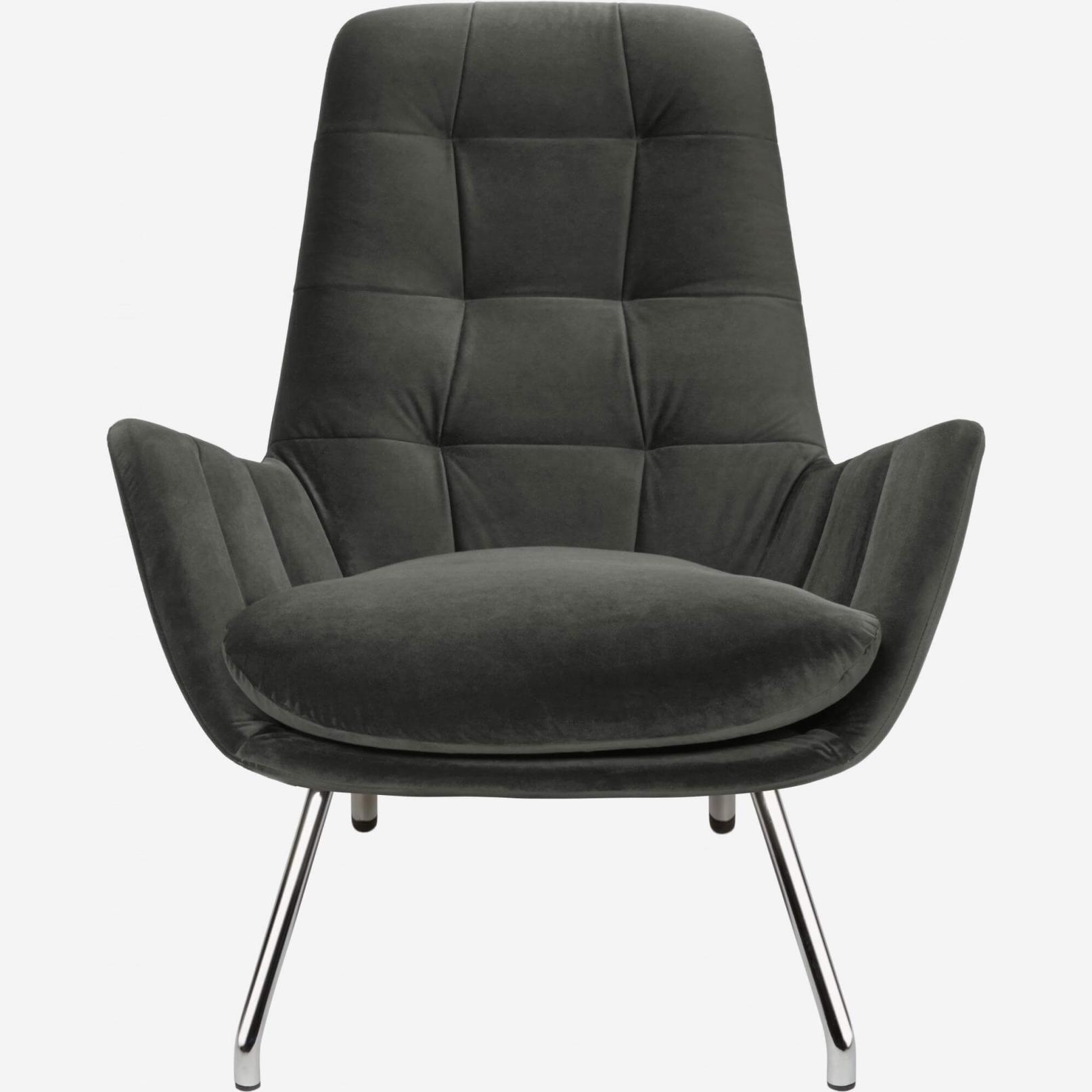 Armchair in Super Velvet fabric, silver grey with chromed metal legs