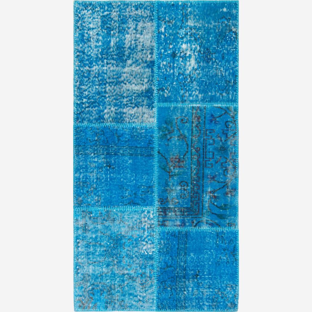 Tapis patchwork en laine - 80 x 150 cm - Motif bleu