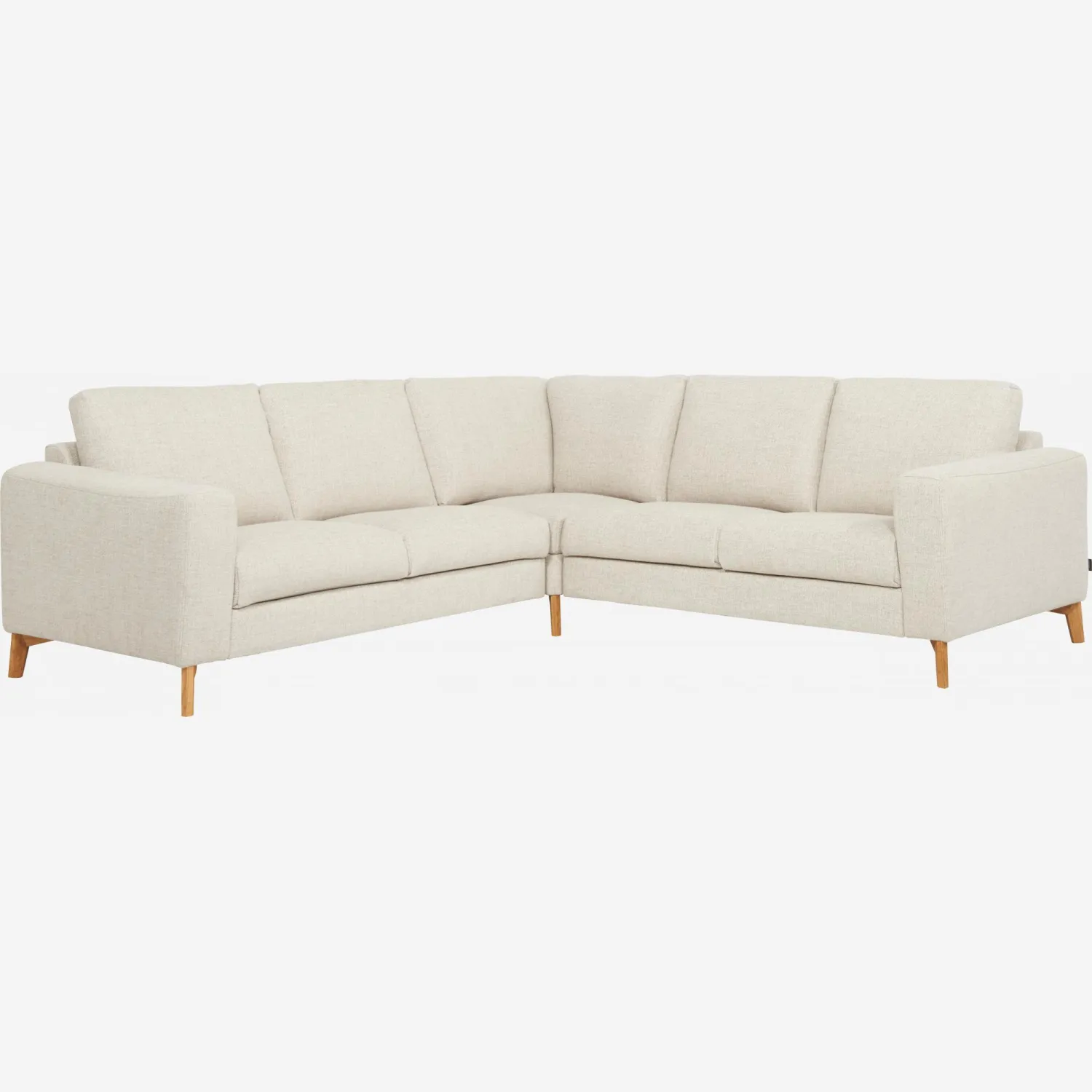 Canapé d'angle 2 x 2 en tissu Lecce - Beige - Accoudoirs fins - Pieds en équerre en chêne huilé - Confort medium