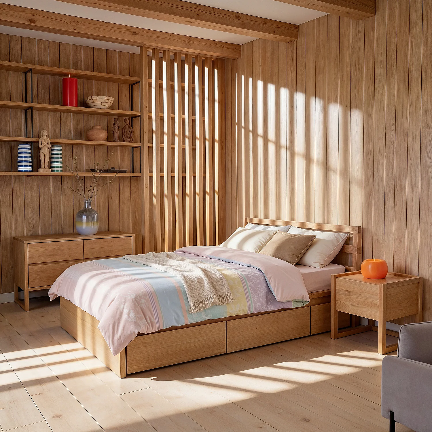 Lit 160 x 200 cm avec rangements en chêne - Naturel - 12