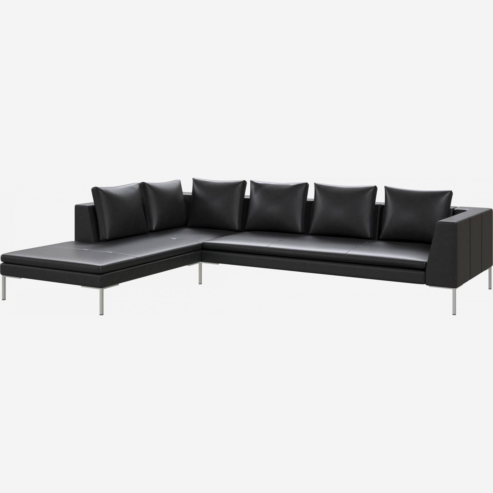 3 seater sofa with chaise longue on the left in Savoy semi-aniline leather, platin black 