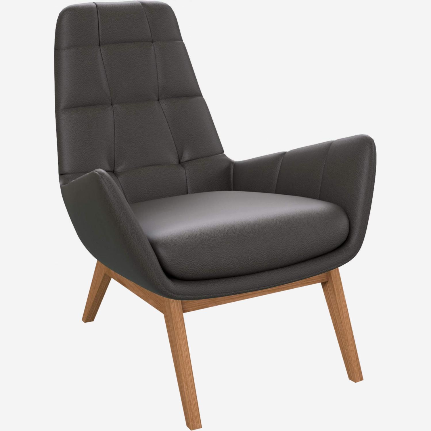 Armchair in Savoy semi-aniline leather, grey with oak legs