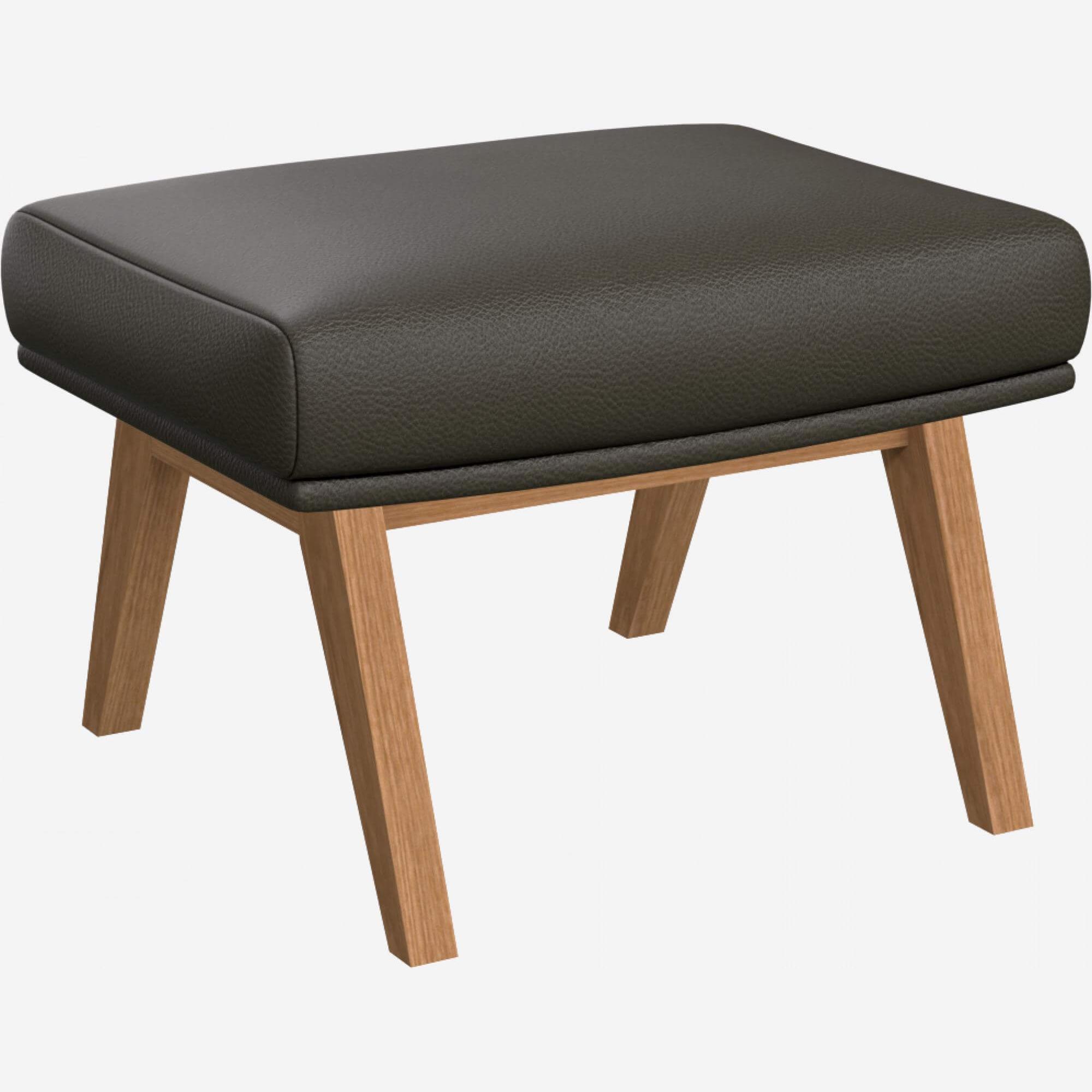 Footstool in Savoy semi-aniline leather, grey with oak legs