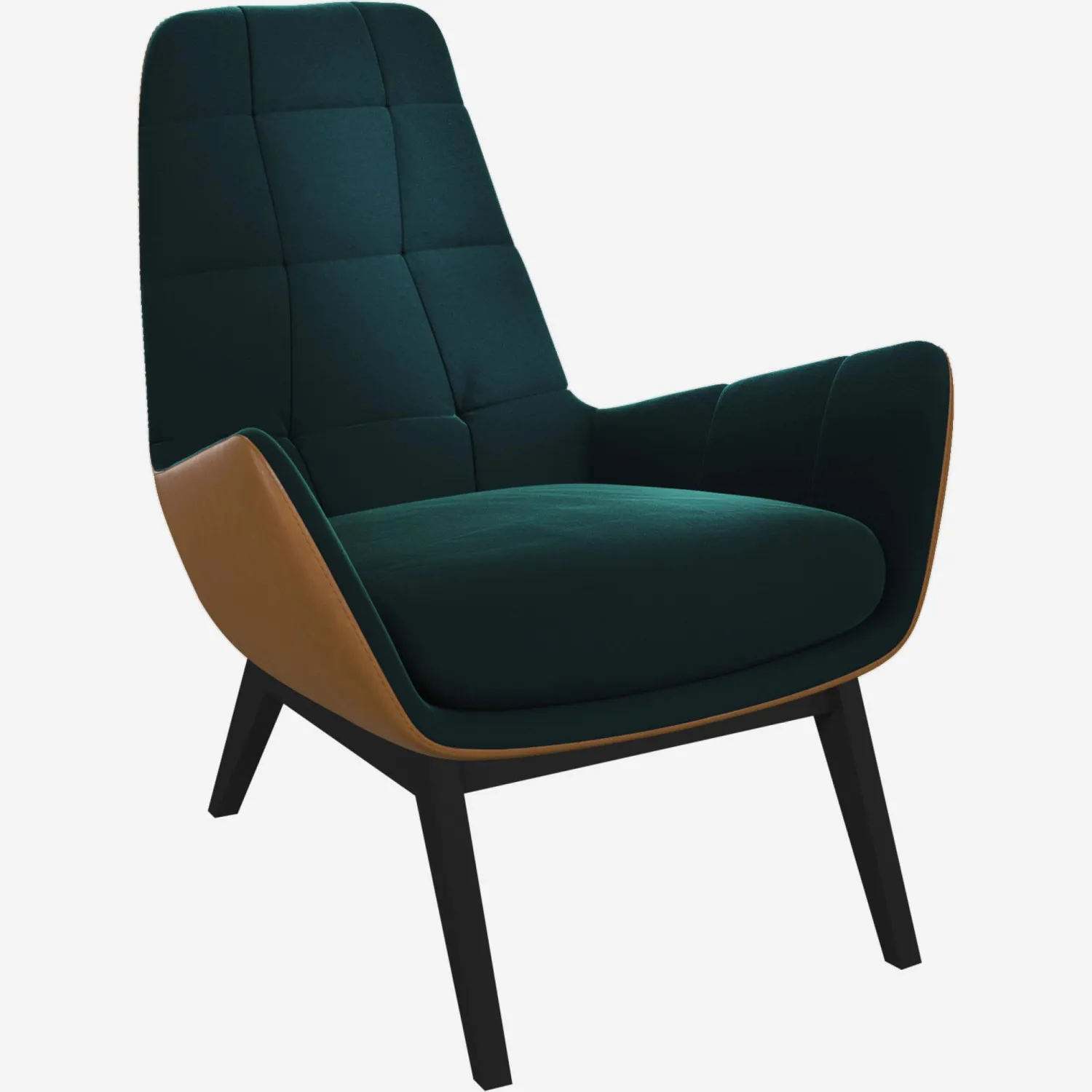 Sessel aus Samt - Smaragdgrün und Vintage-Leder - Schwarze Füße