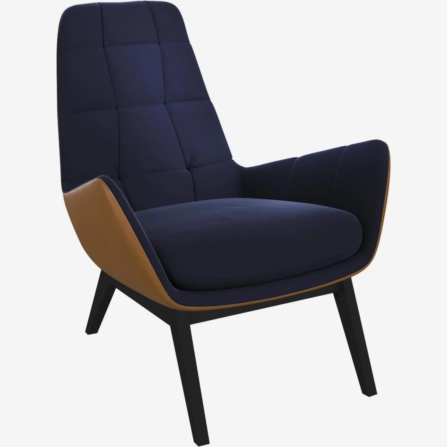 Fauteuil en velours Bleu encre et cuir Vintage - Pieds noirs
