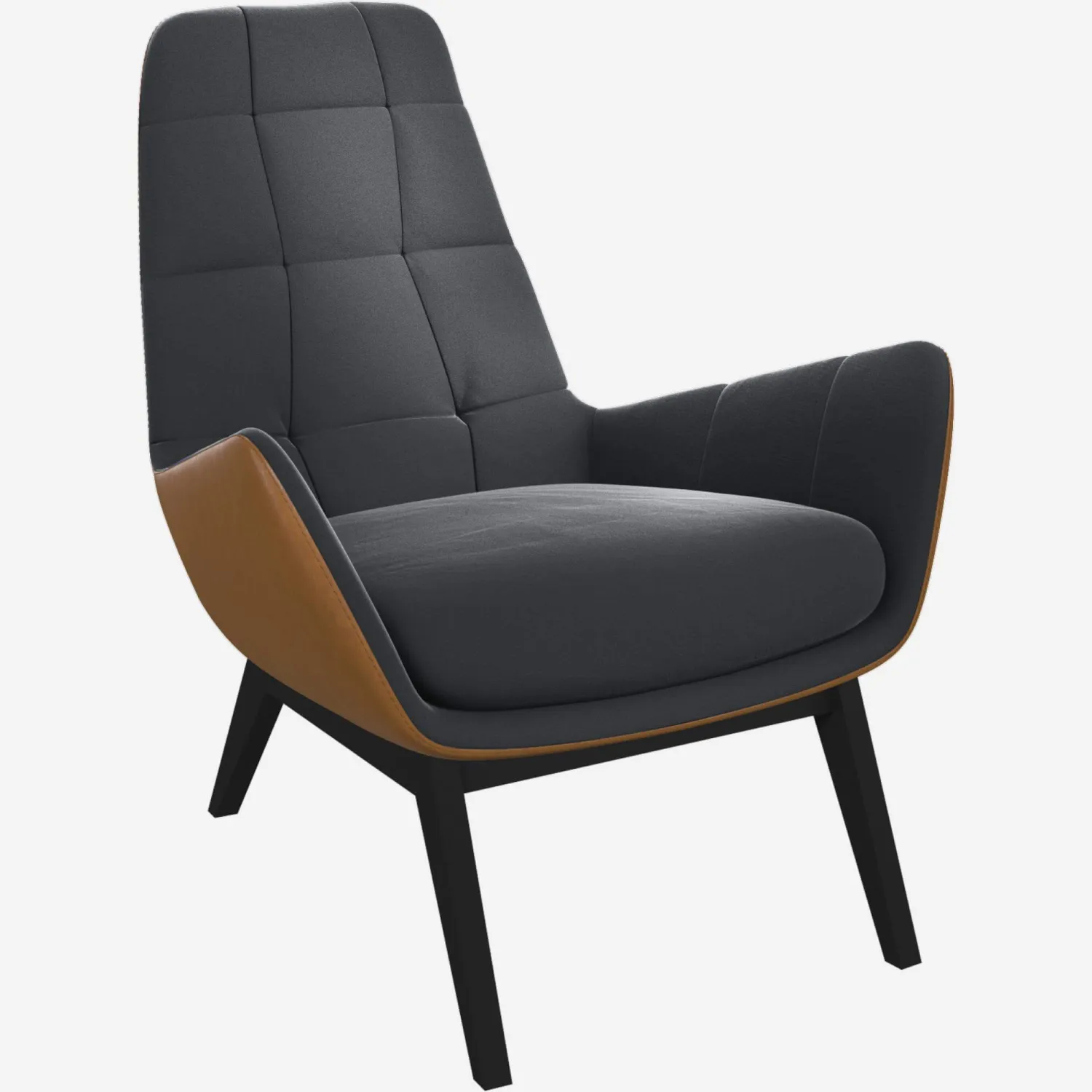 Fauteuil en velours Gris ardoise et cuir Vintage - Pieds noirs