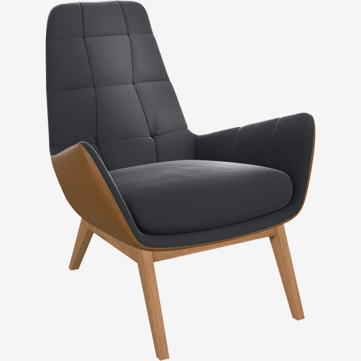 Fauteuil en velours Gris ardoise et cuir Vintage - Pieds chêne