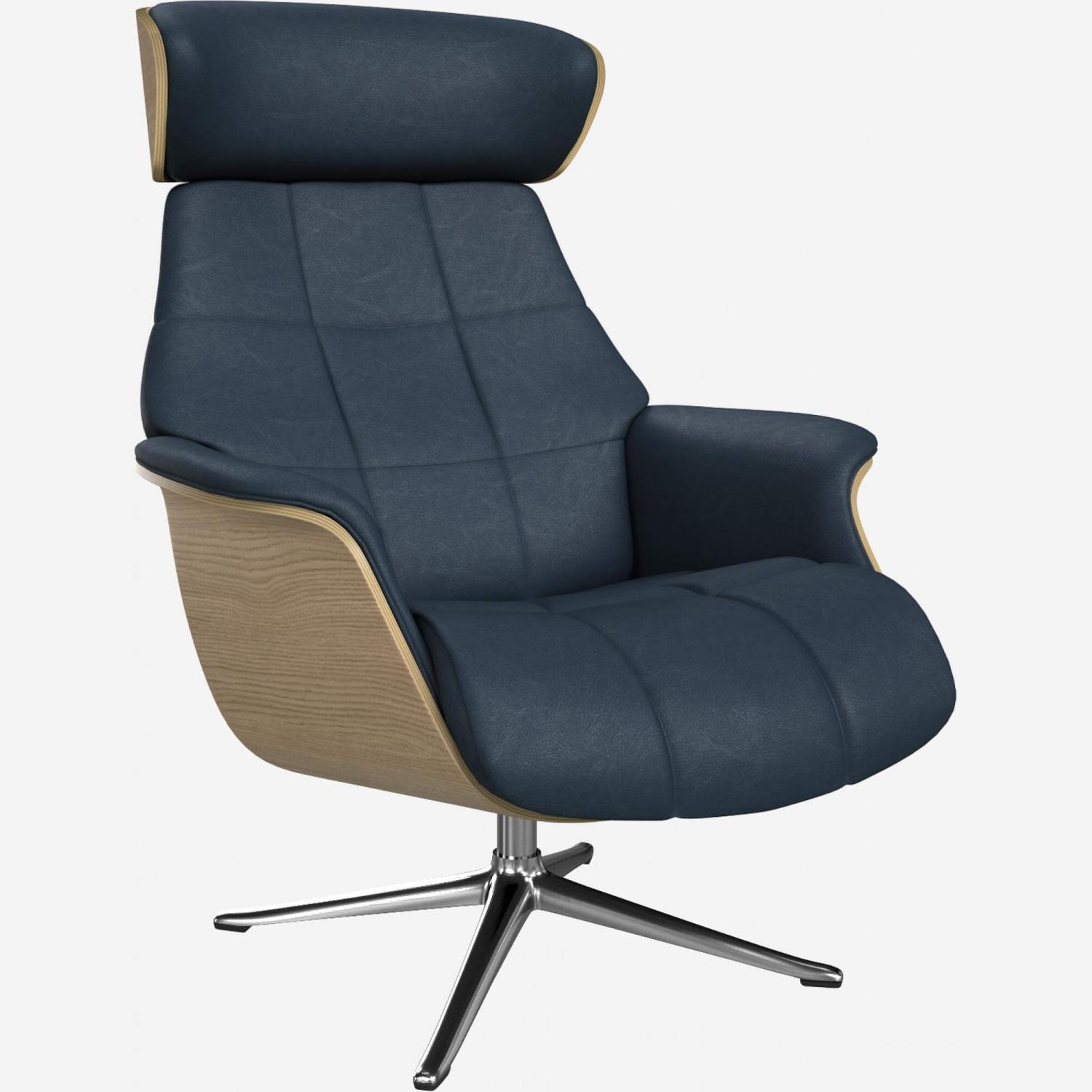 Fauteuil en chêne et cuir Vintage - Bleu nuit - Pied aluminium