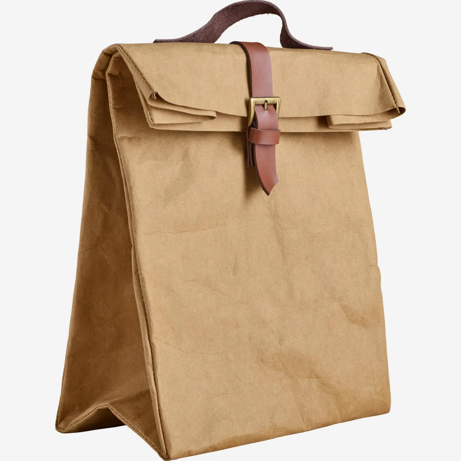Lunchtüte aus Kraftpapier mit Griff aus Leder