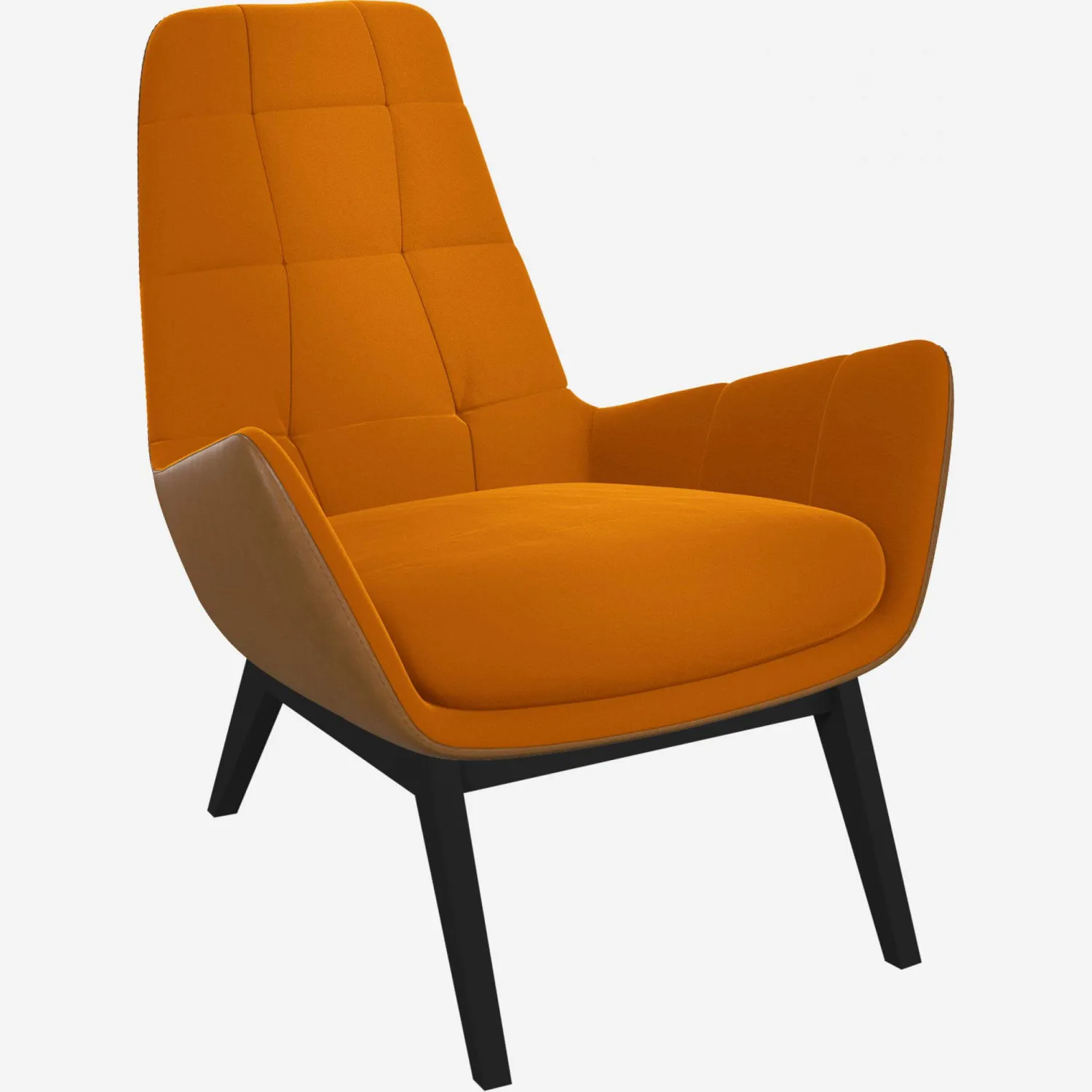 Sessel aus Samt - Senfgelb und Vintage-Leder - Schwarze Füße