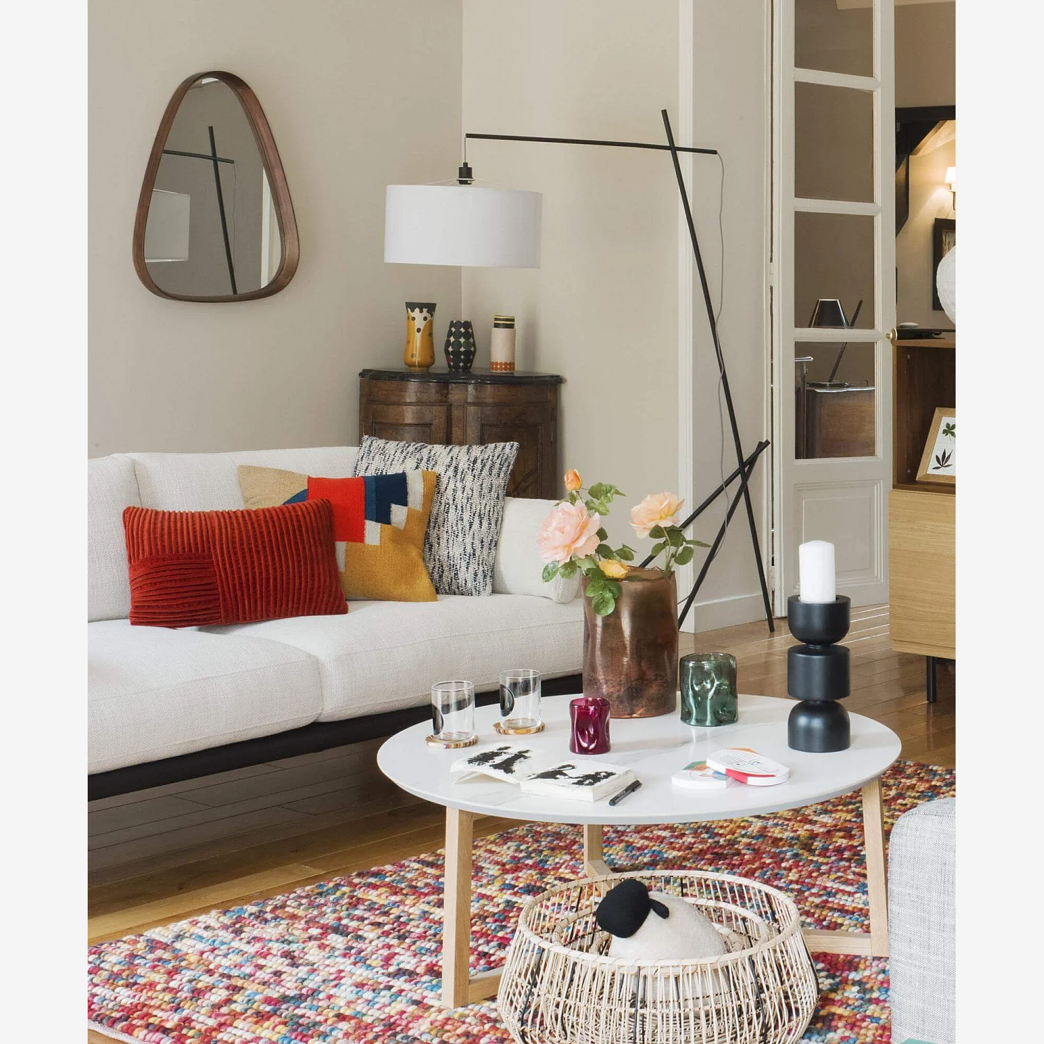 Lampadaire en métal + 2 abat-jours en tissu coton - Hauteur 187 cm - Noir et Blanc  - 1