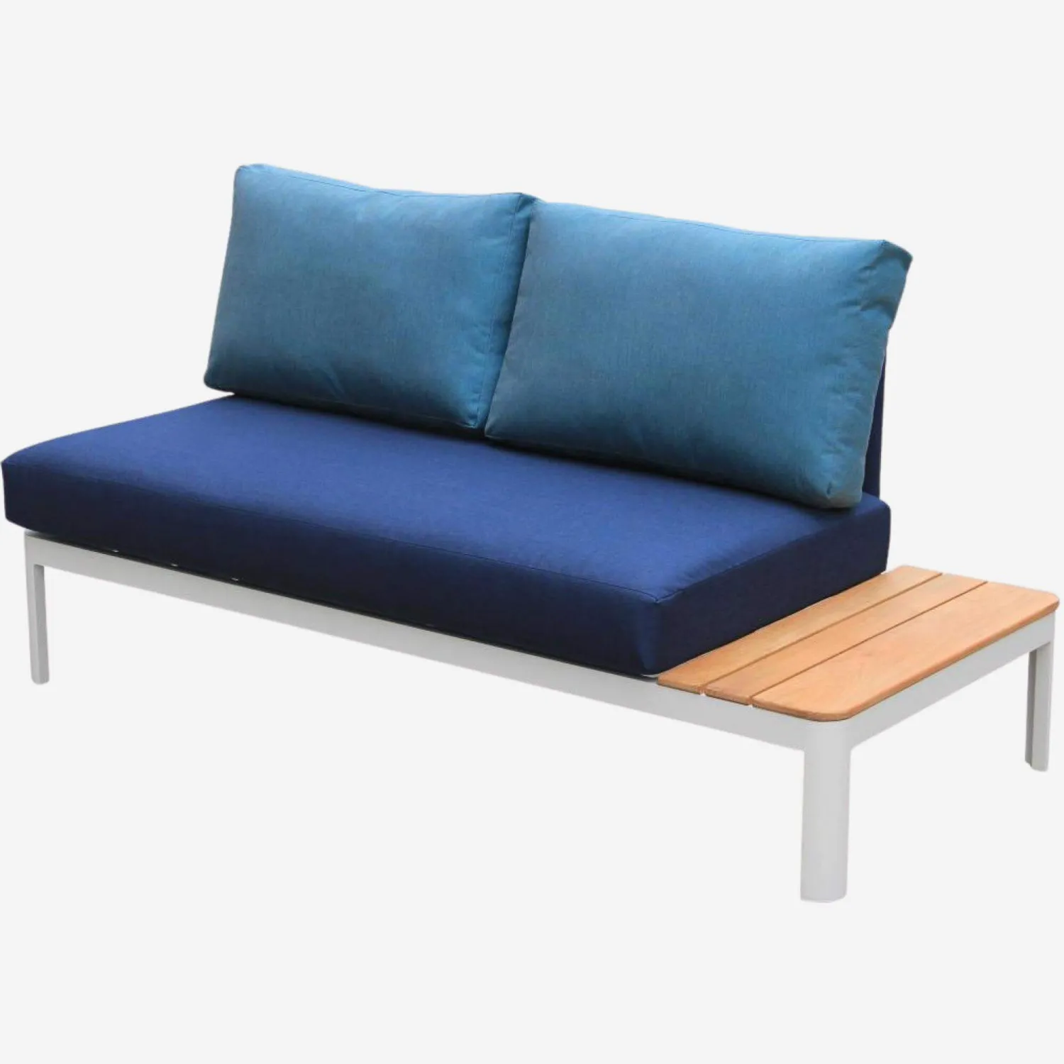 Sofá de jardim em alumínio branco em pó com mesa à direita + Almofadas Sunbrella azul-escuro