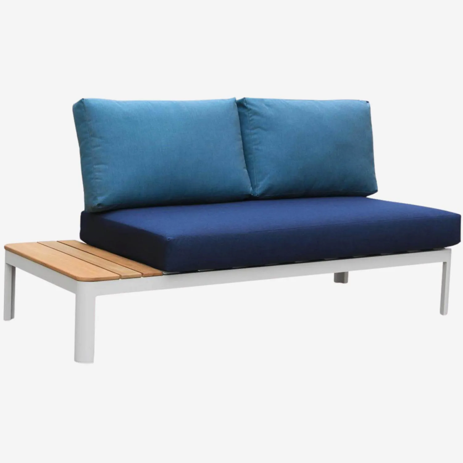 Canapé de jardin en aluminium blanc poudré avec table à gauche + Coussins Sunbrella bleu indigo