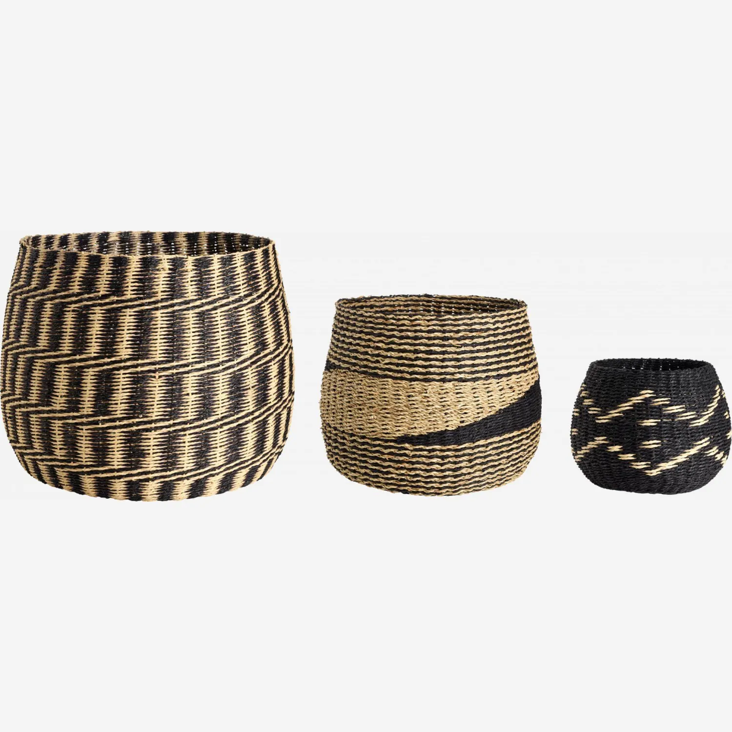 Lot de 3 paniers en jonc de mer - Noir et Naturel