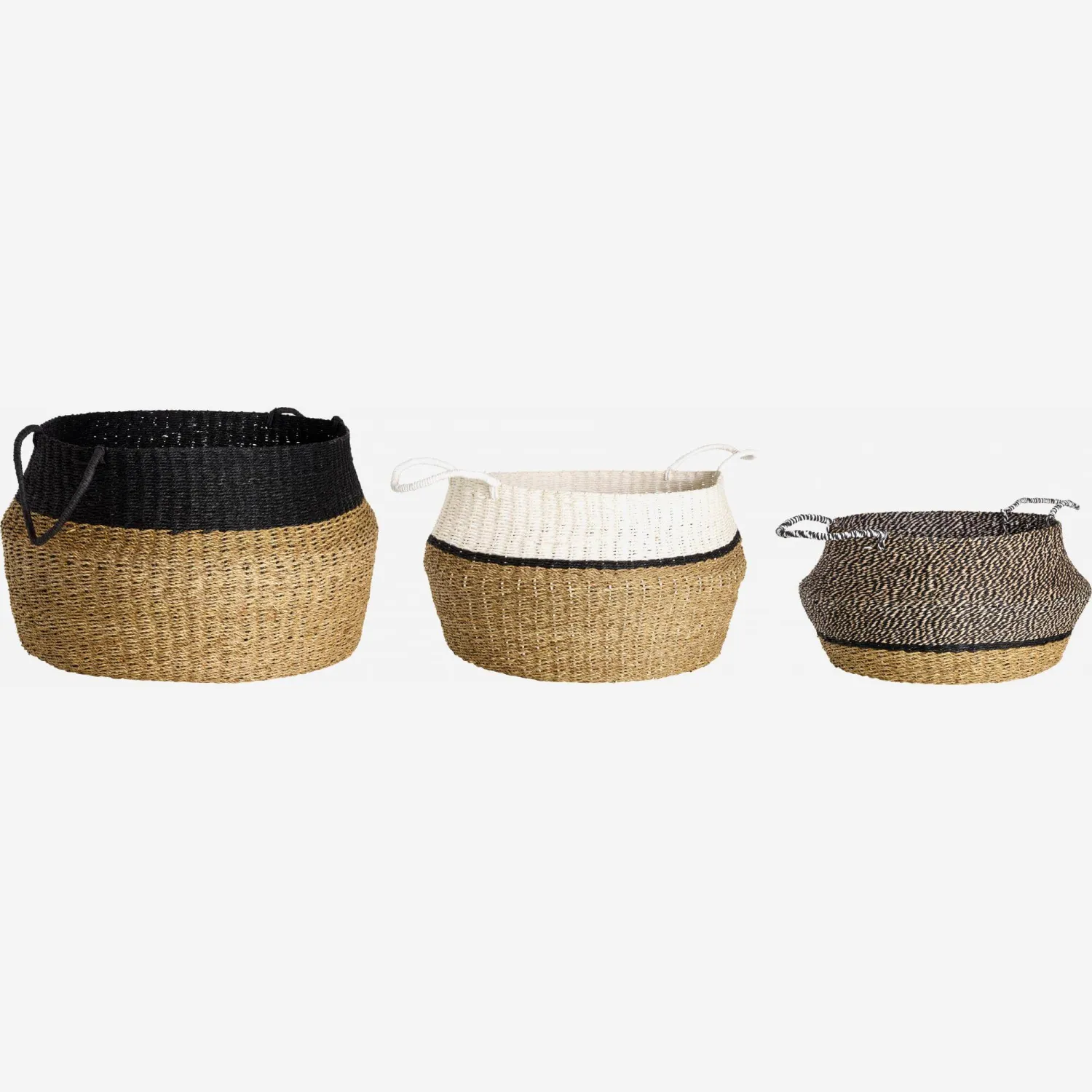 Lot de 3 paniers thaïlandais en jonc de mer avec poignées - Naturel