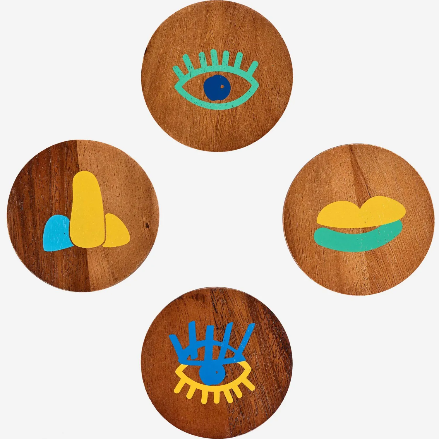 Lote de 4 posa vasos de madera de acacia con dibujo  