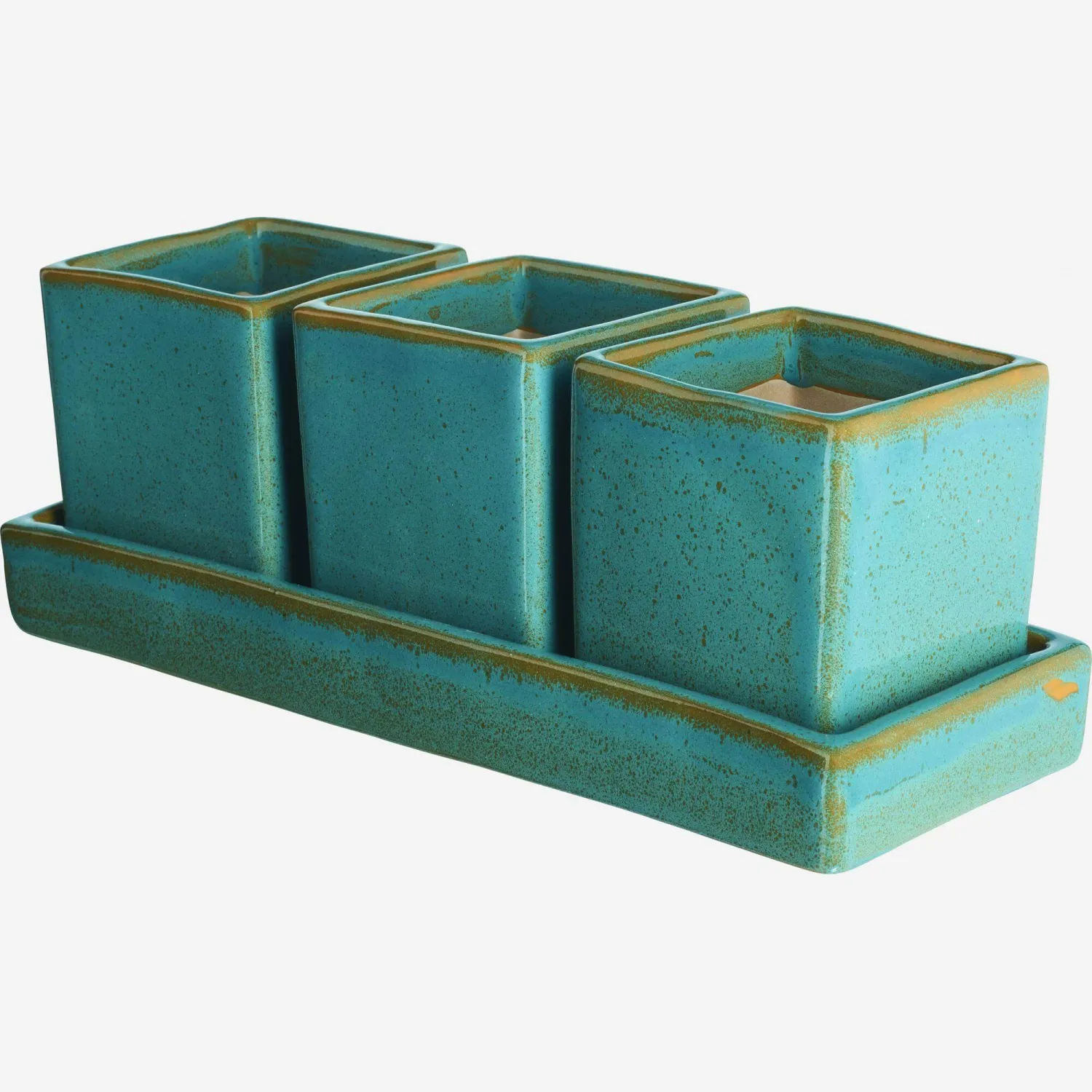 Lot de 3 cache-pots en faïence avec plateau - Vert