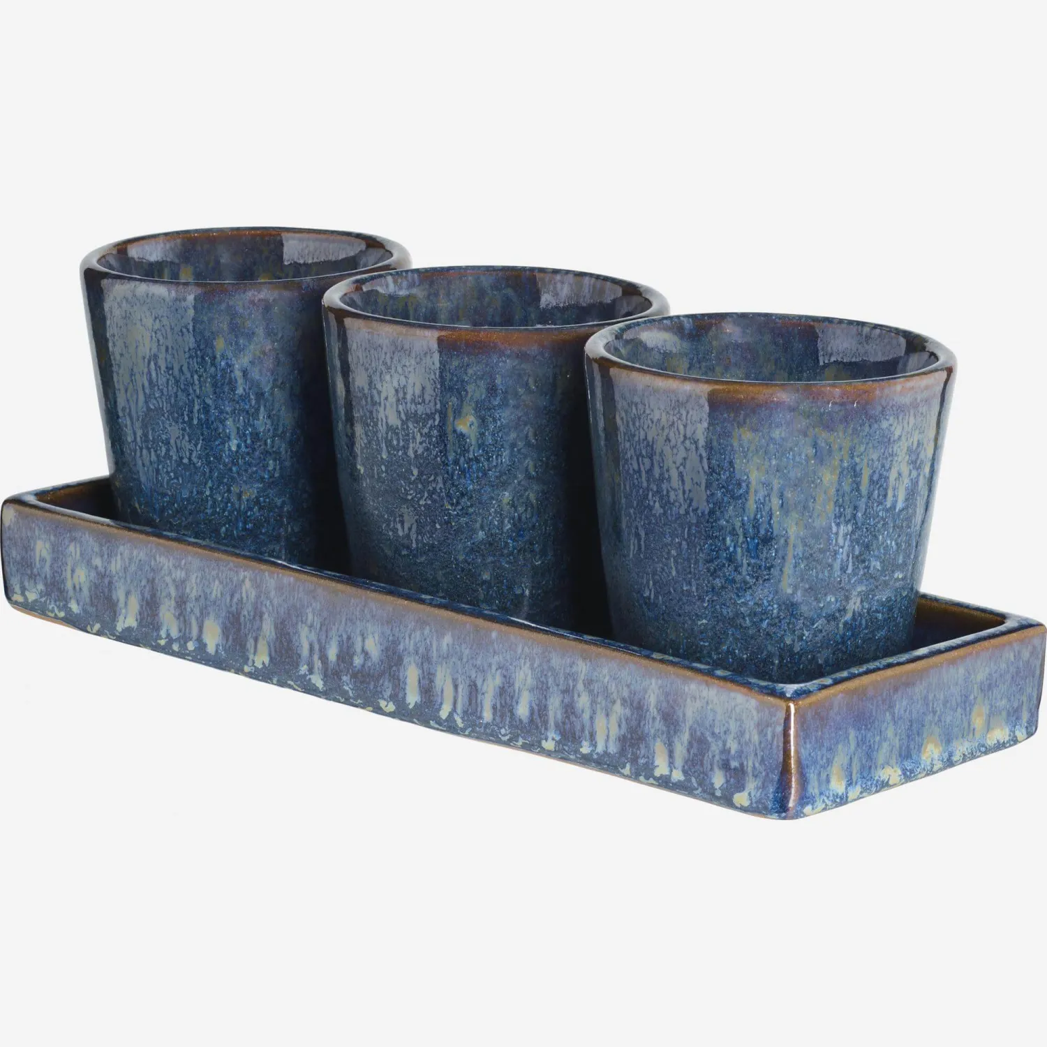 Lot de 3 cache-pots en faïence avec plateau – Bleu