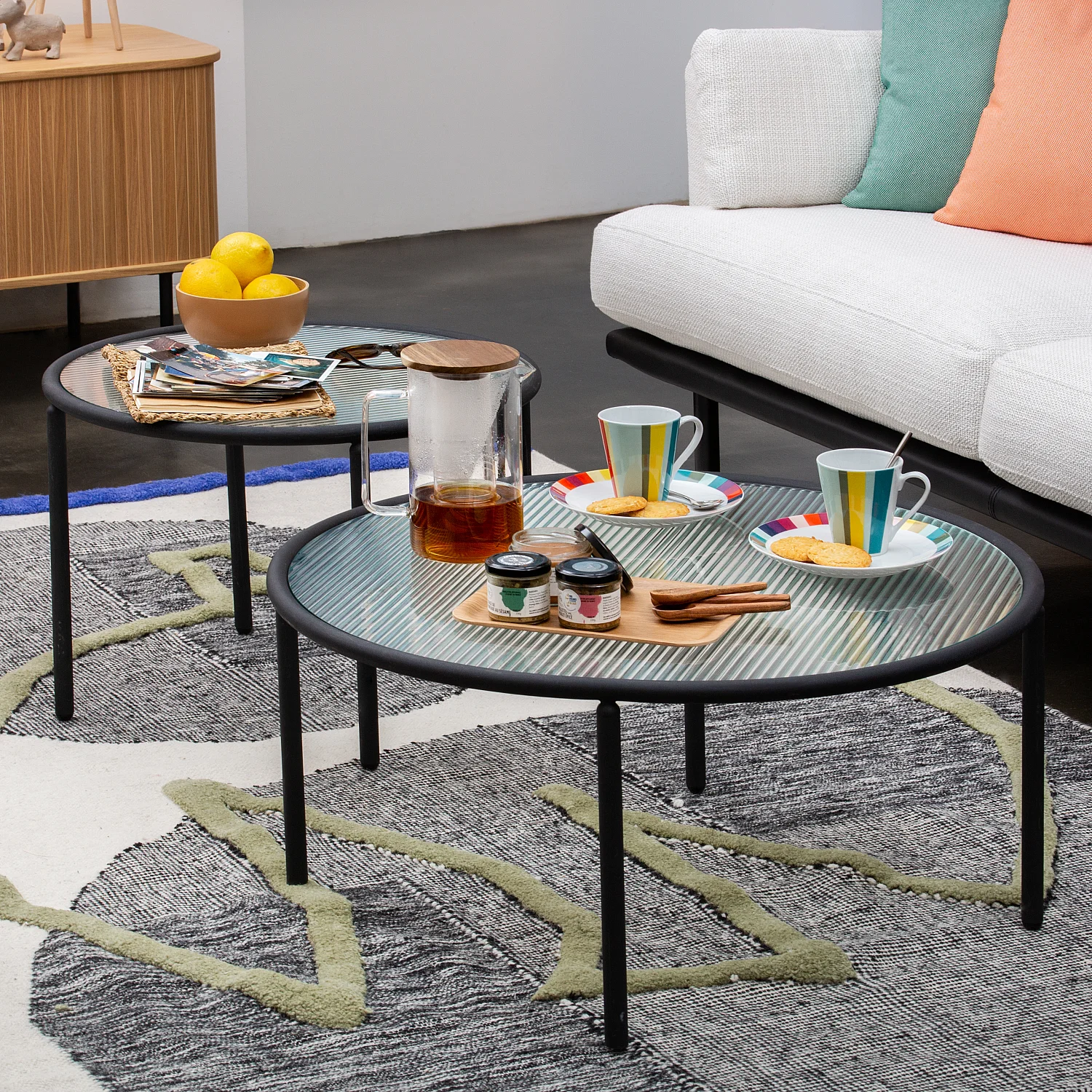 Table basse ronde en acier et verre ondulé - 60 cm - 1