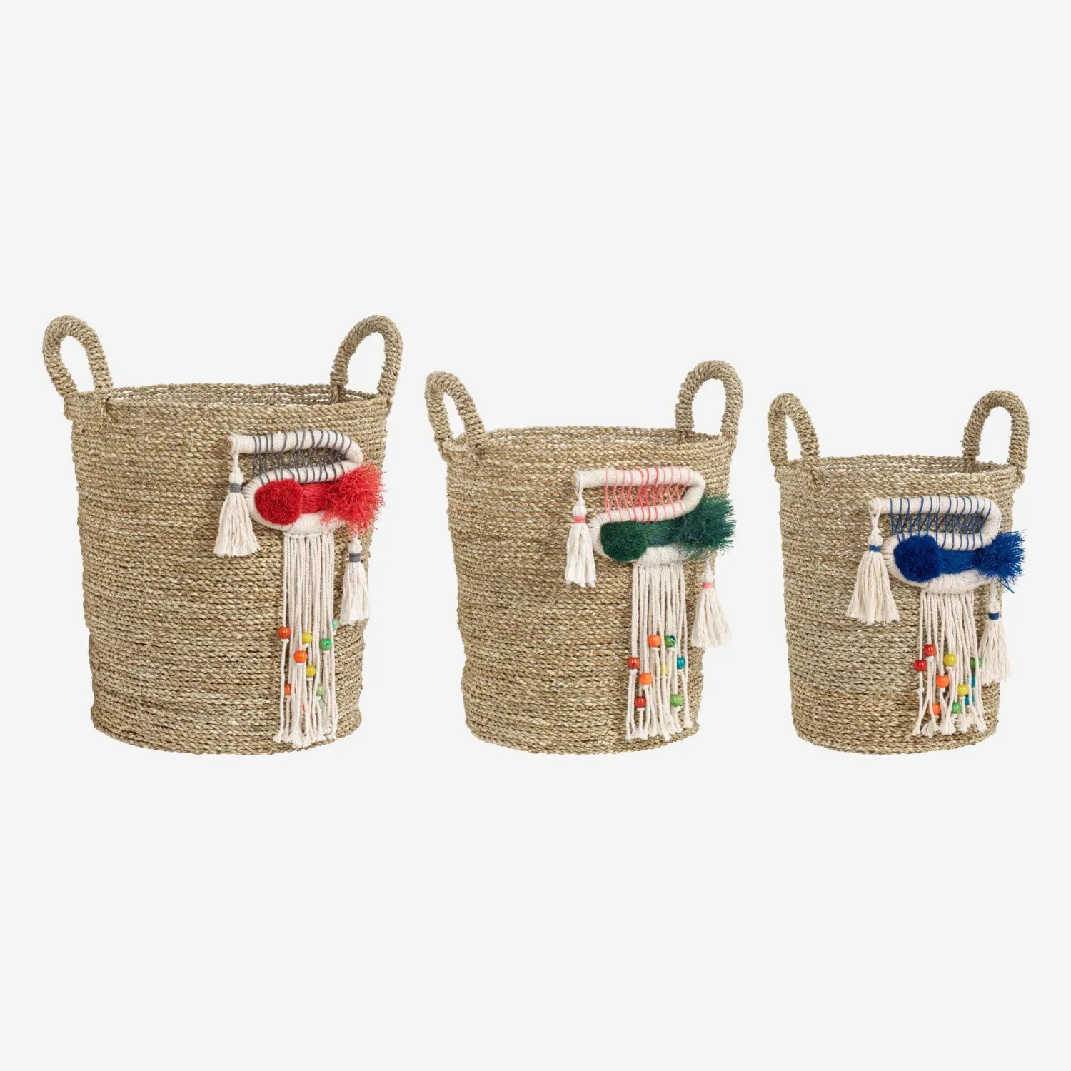 Lot de 3 paniers à franges en jonc de mer