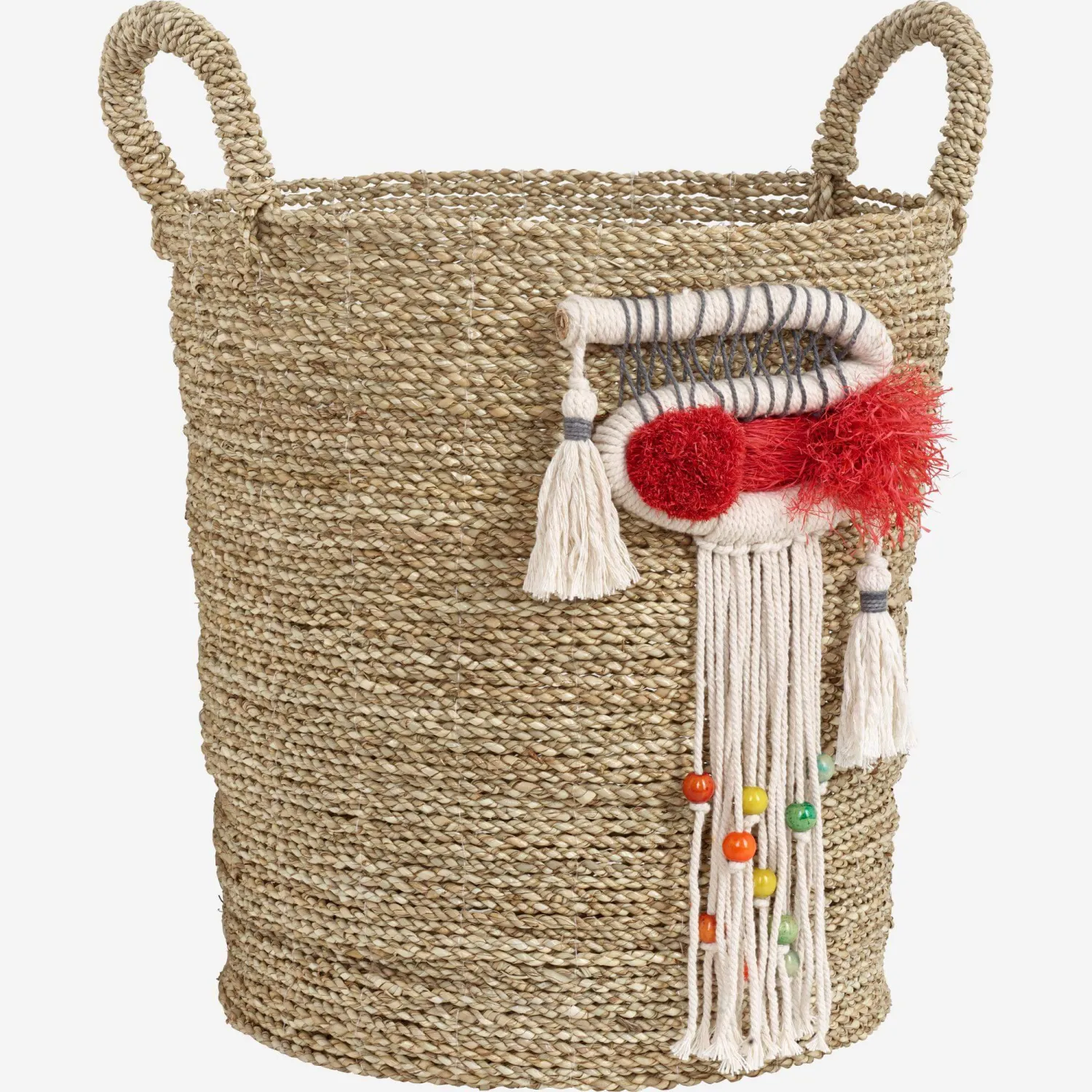 Panier à franges en jonc de mer - 40 x 46 cm - Rouge