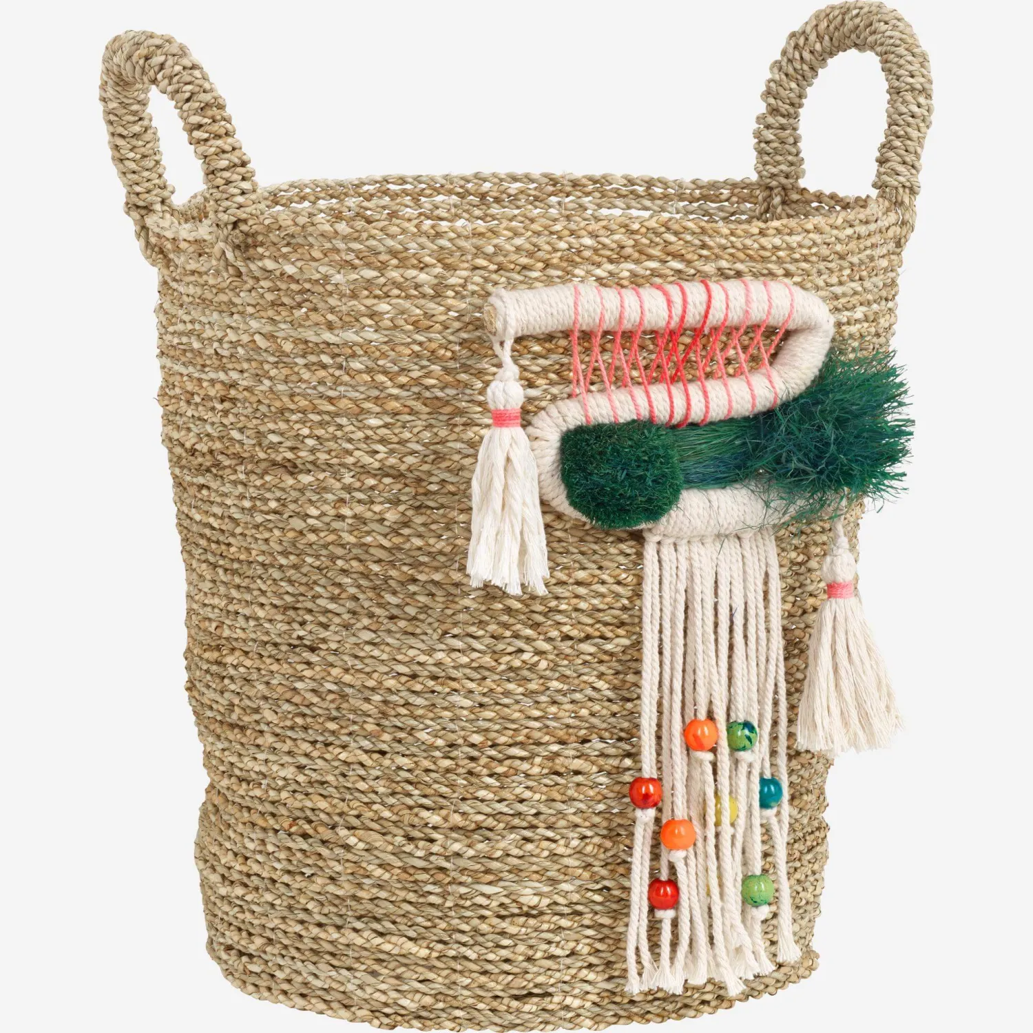 Panier à franges en jonc de mer - 36 x 41 cm - Vert