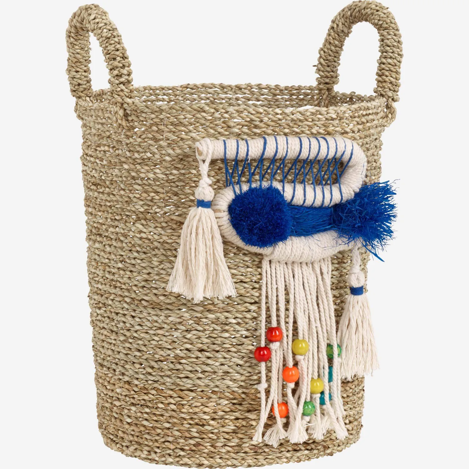 Panier à franges en jonc de mer - 31 x 38 cm - Bleu