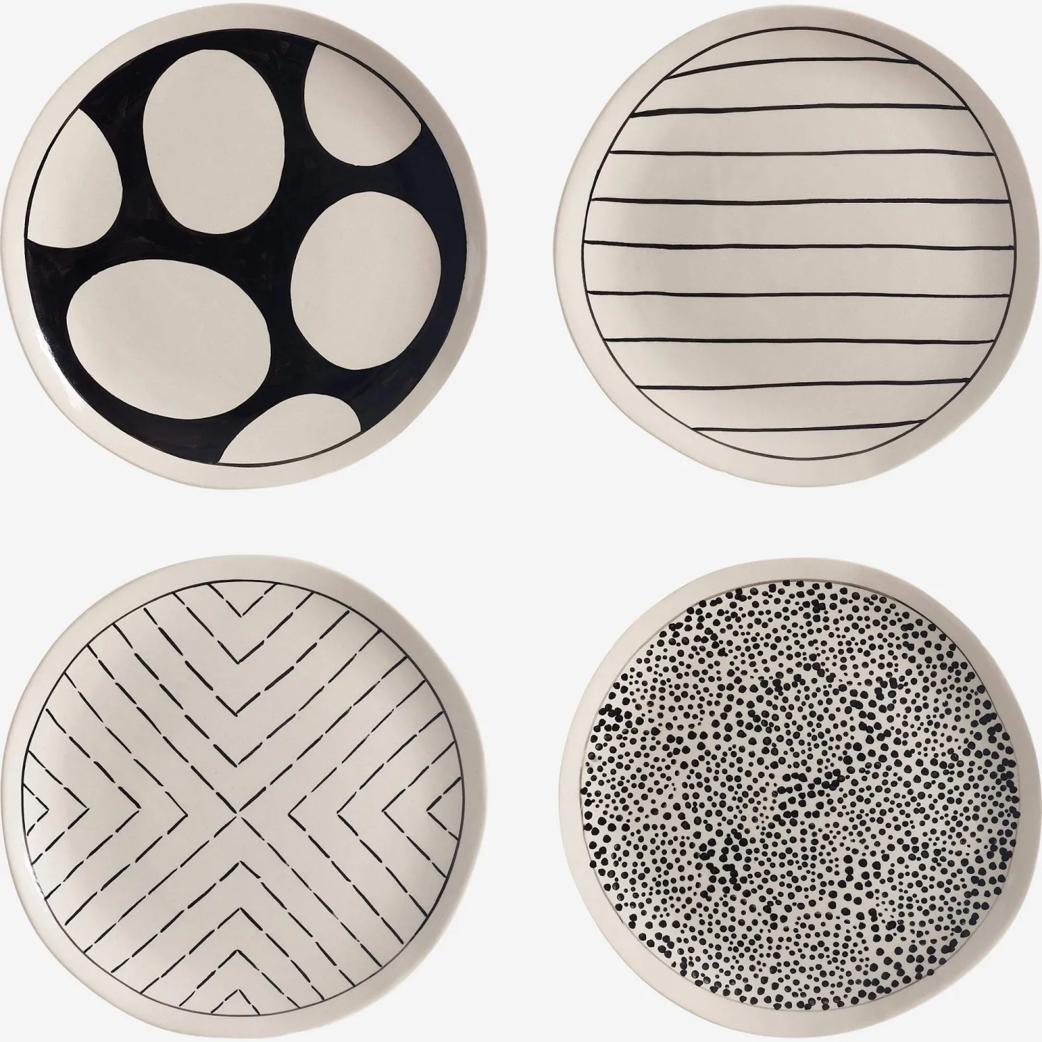 Pack de 4 platos de postre de gres - 20 cm - Estampado negro y blanco