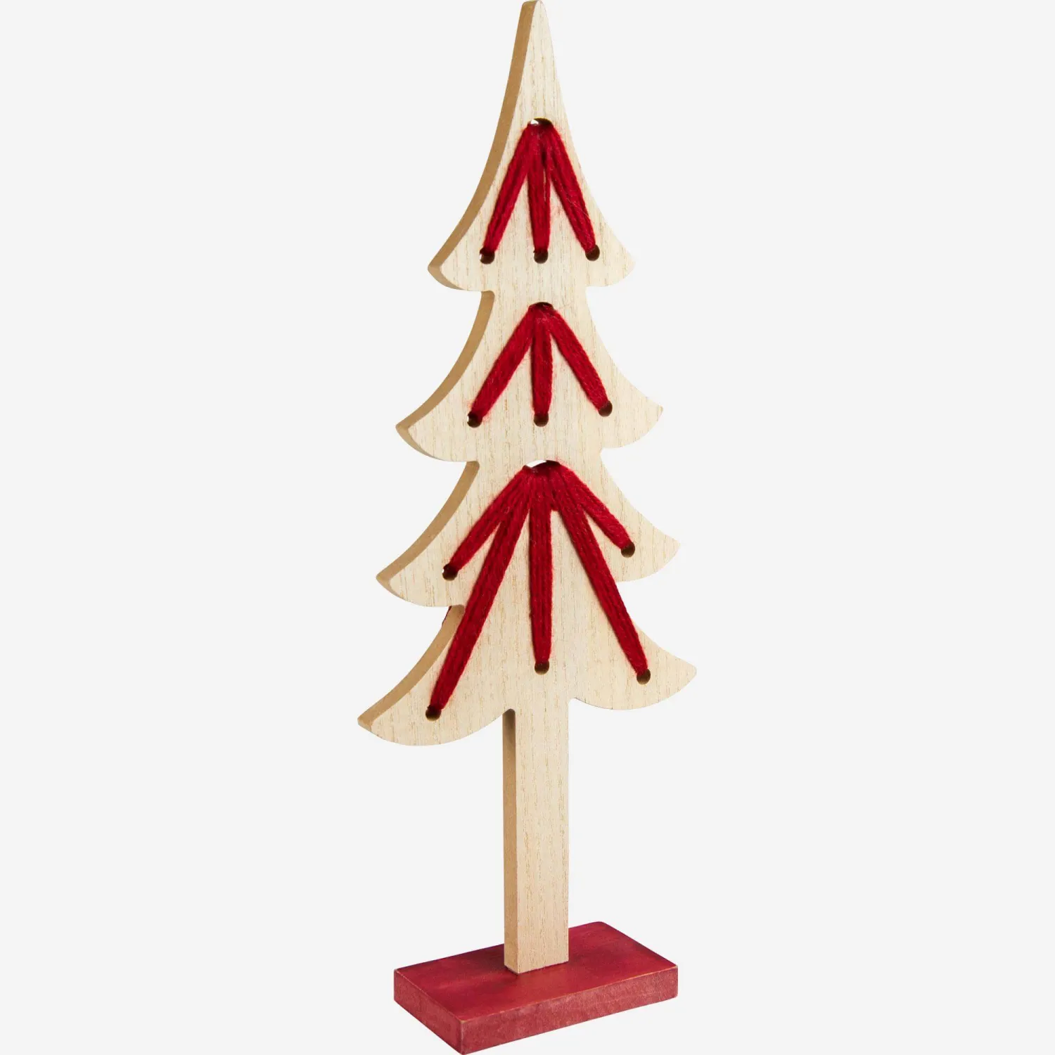 Décoration de Noël - Sapin en bois à poser - 35 cm - Naturel et rouge