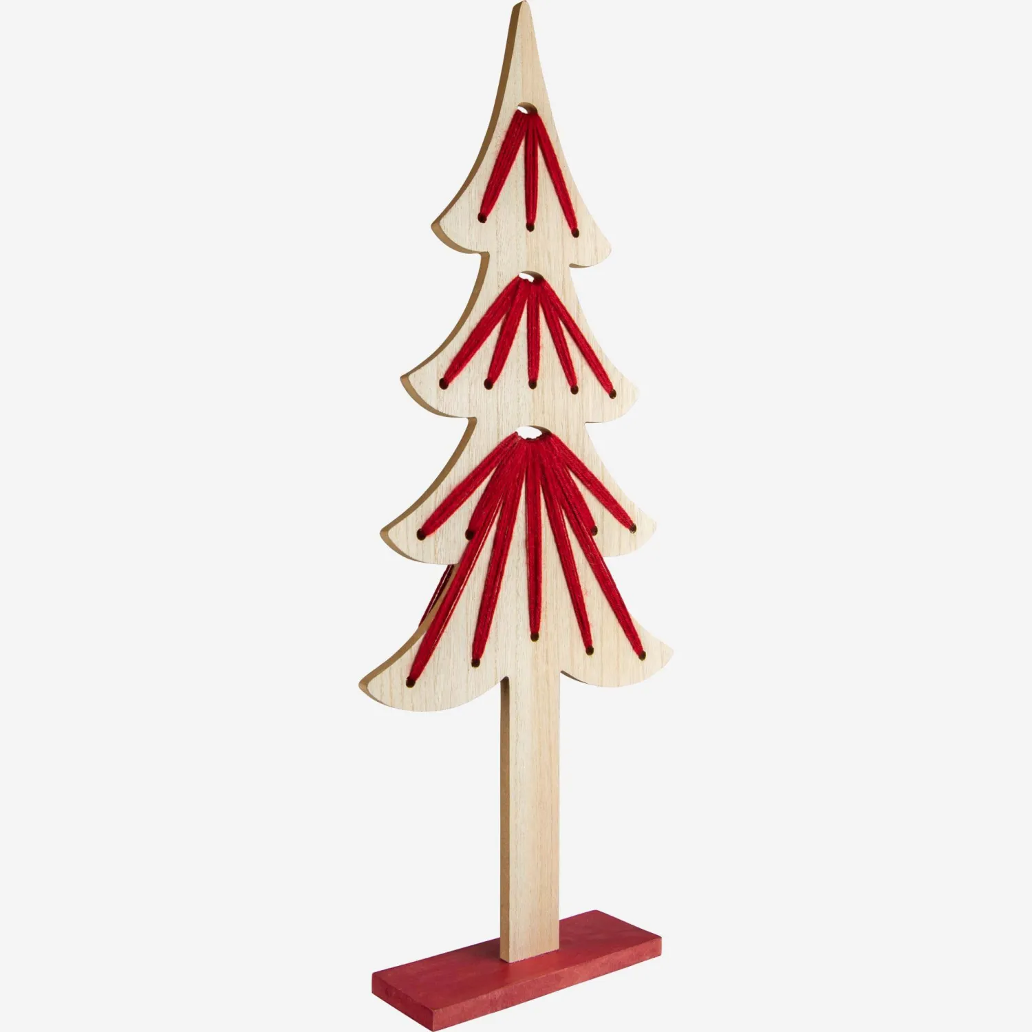 Décoration de Noël - Sapin en bois à poser - 60 cm - Naturel et rouge