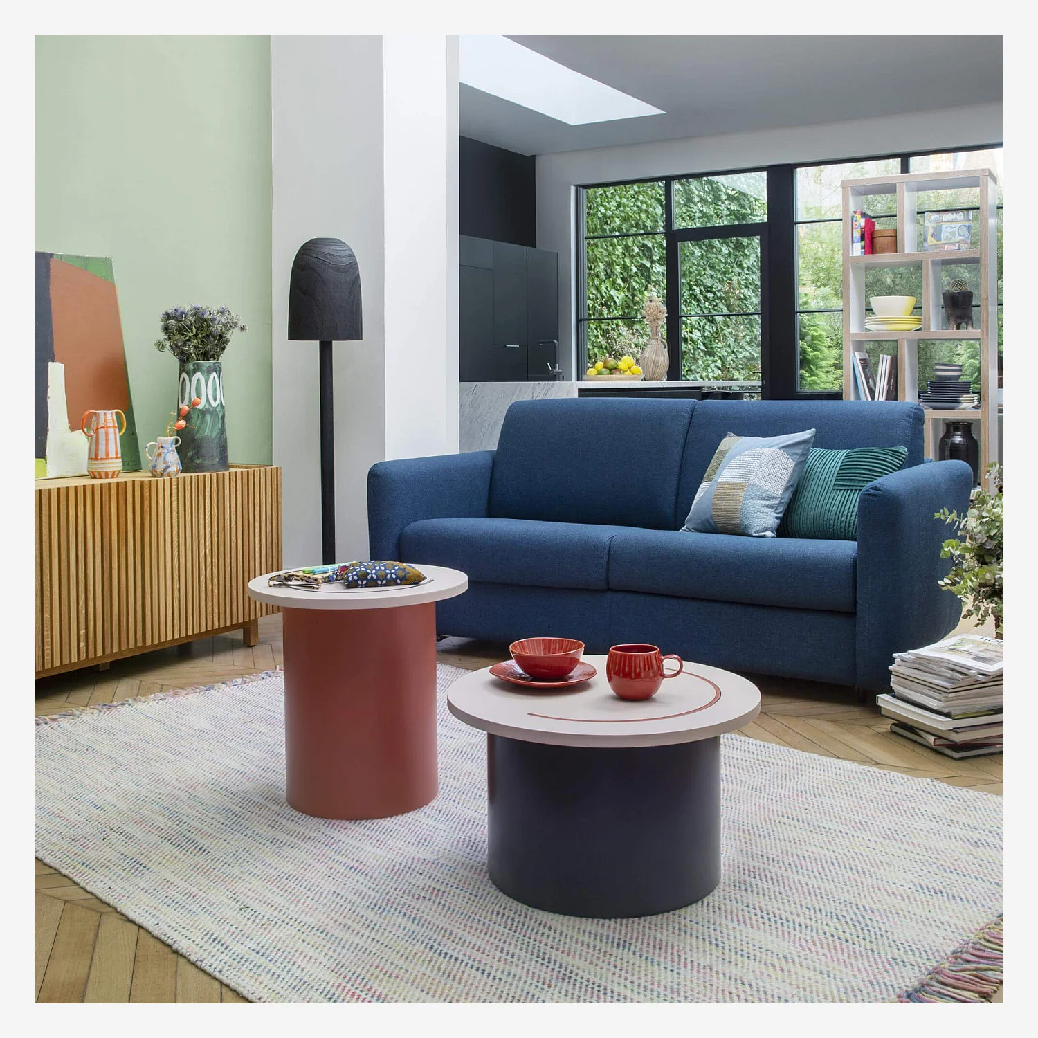 Sofá cama con somier de láminas de tela - Azul cielo - 9